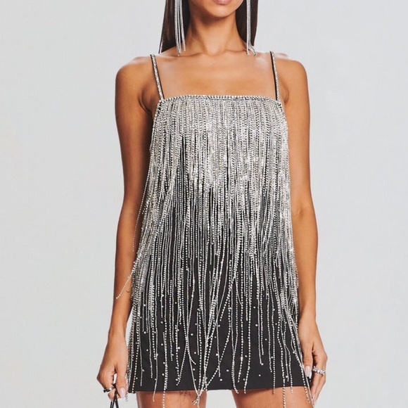 RETROFETE Juliette Embellished Crystal Fringe Black Silver Mini Dress - SMALL - Picture 1 of 14